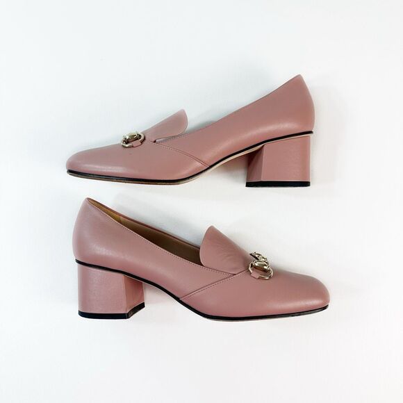 GUCCI Blush Pink Kira Horsebit Square Toe Pump 38 US 8 Leather Block Mid Heel - Picture 7 of 12